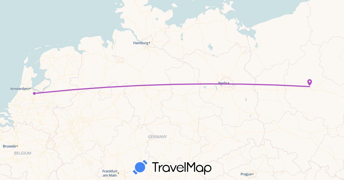 TravelMap itinerary: driving, train in Netherlands, Poland (Europe)